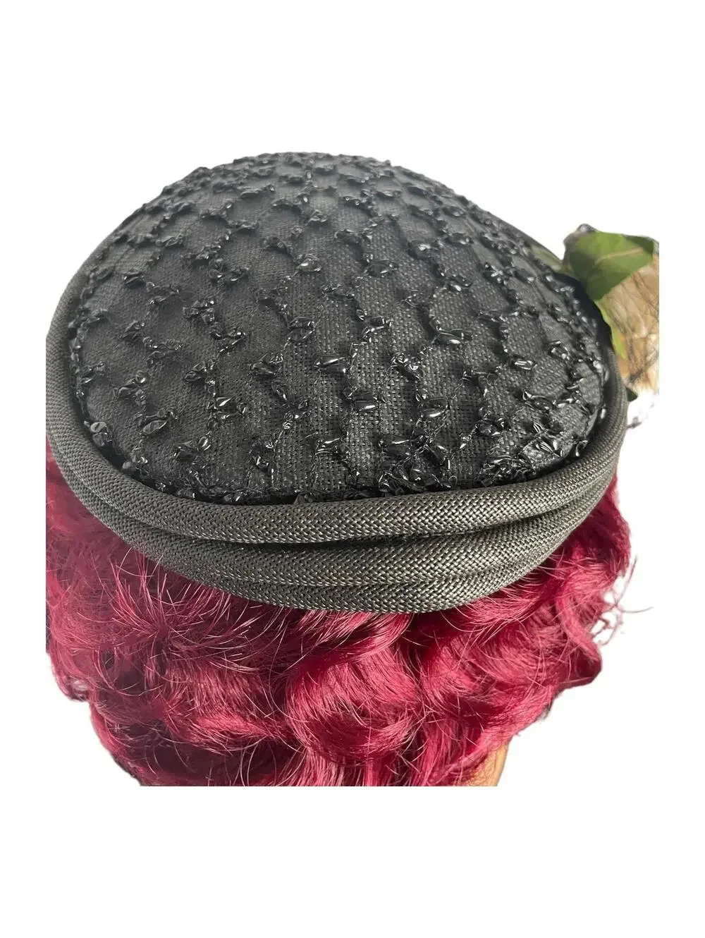 Vintage Beaded Pillbox Hat: Black Clip-on with Faux Rose